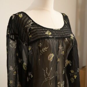 LC Lauren Conrad Black Floral Butterfly Sheer Tunic Top XL 3/4 Sleeve Pintuck